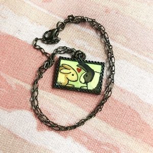 Gorgeous hand-painted bunny love watercolor necklace with resin clear coat